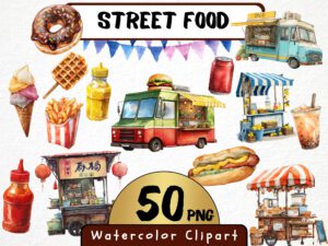 Watercolor Street Food Clipart 50 Png, Hot Dog Stand, City Food Scrapbooking, Ice Cream Food Truck Junk Food Digital Prints, Commercial Use
