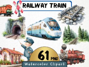 Watercolor Train Clipart Bundle 61 PNG, Steam Locomotive, Bullet Train, Speed Railway Station, Traveling Art, Kids Room Decor, Scrapbook