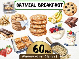 Watercolor Oatmeal Breakfast Clipart 60  Png, Morning Food, Oatmeal Cookie Clipart, Oatmeal bar, Healthy Food Digital Prints, Commercial Use