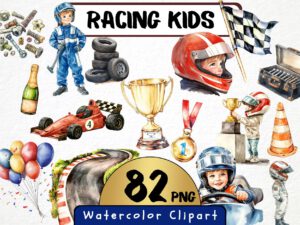 Racing Kids Watercolor Clipart 82 Png Race Car Graphics, Race Track Cool Cars, Trophy, Boys Birthday Nursery Crafting Commercial Use Digital