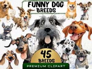 Watercolor clipart set featuring a variety of funny dog breeds. Downloadable graphic with PNG files. Humorous dog characters add charm to your designs. Ideal for dog lovers, digital artists, and creative projects.dog breeds in watercolor style.