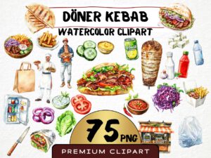 Watercolor Döner Kebab Clipart 75 Png, Turkish Doner Shop Graphics, Takeaway Street Food, Shawarma Döner Box, Digital Prints, Commercial Use