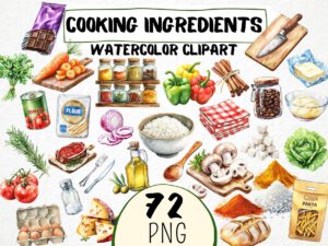 Watercolor Cooking Ingredients Clipart 72 Png, Baking Graphics, Kitchen Utensils, Vegetable Food Art, Pasta, Digital Prints, Commercial Use