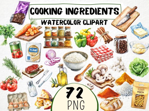 Watercolor Cooking Ingredients Clipart 72 Png, Baking Graphics, Kitchen Utensils, Vegetable Food Art, Pasta, Digital Prints, Commercial Use
