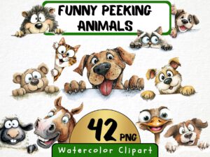 Funny Peeking Animals Clipart Bundle 42 Png, Watercolor Dog, Cat Portrait, Quirky Cartoon Pet Face Illustration, Commercial Use, Digital art