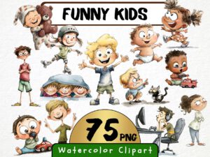 Funny Kids Clipart 75 Png, Watercolor School Boy and Girl Playing Illustration, Quirky Baby Gift Art, Digital Prints, Instant Download