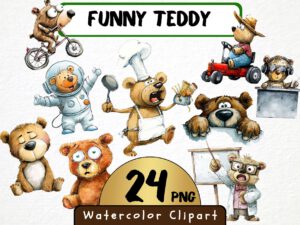 Funny Teddy Clipart 24 Png, Cute Caricature Woodland Animals Art, Quirky Brown Bear Watercolor, Cartoon Teddy Digital Prints, Sublimation