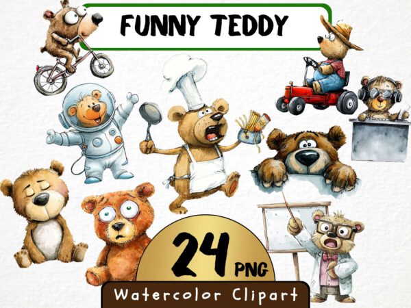 Funny Teddy Clipart 24 Png, Cute Caricature Woodland Animals Art, Quirky Brown Bear Watercolor, Cartoon Teddy Digital Prints, Sublimation