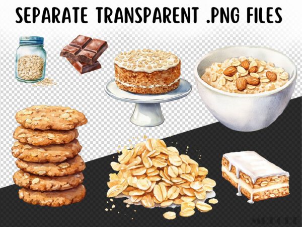 Watercolor Oatmeal Breakfast Clipart 60  Png, Morning Food, Oatmeal Cookie Clipart, Oatmeal bar, Healthy Food Digital Prints, Commercial Use - Image 10