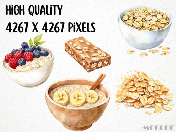Watercolor Oatmeal Breakfast Clipart 60  Png, Morning Food, Oatmeal Cookie Clipart, Oatmeal bar, Healthy Food Digital Prints, Commercial Use - Image 2