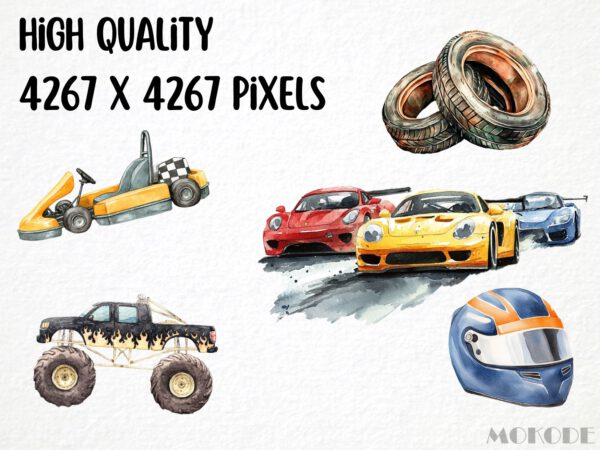 Racing Kids Watercolor Clipart 82 Png Race Car Graphics, Race Track Cool Cars, Trophy, Boys Birthday Nursery Crafting Commercial Use Digital - Image 2