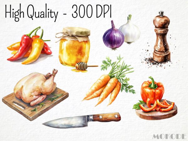 Watercolor Cooking Ingredients Clipart 72 Png, Baking Graphics, Kitchen Utensils, Vegetable Food Art, Pasta, Digital Prints, Commercial Use - Image 2