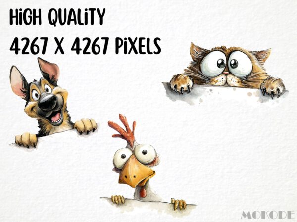 Funny Peeking Animals Clipart Bundle 42 Png, Watercolor Dog, Cat Portrait, Quirky Cartoon Pet Face Illustration, Commercial Use, Digital art - Image 2