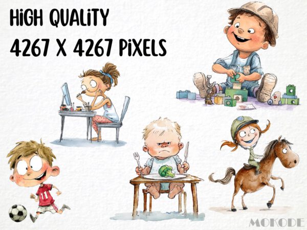 Funny Kids Clipart 75 Png, Watercolor School Boy and Girl Playing Illustration, Quirky Baby Gift Art, Digital Prints, Instant Download - Image 2