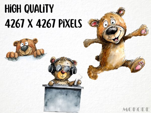 Funny Teddy Clipart 24 Png, Cute Caricature Woodland Animals Art, Quirky Brown Bear Watercolor, Cartoon Teddy Digital Prints, Sublimation - Image 2