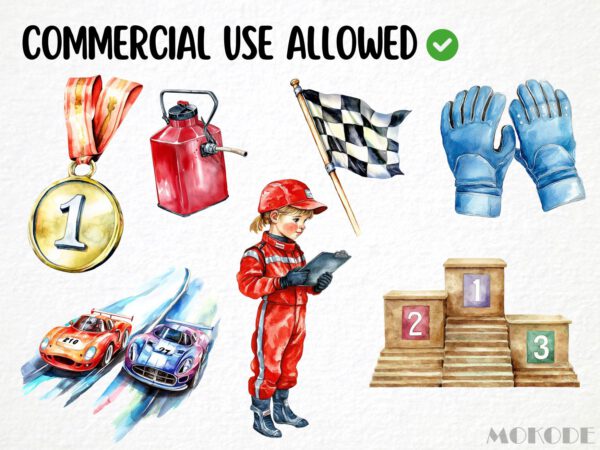 Racing Kids Watercolor Clipart 82 Png Race Car Graphics, Race Track Cool Cars, Trophy, Boys Birthday Nursery Crafting Commercial Use Digital - Image 3