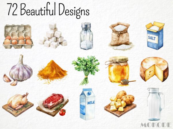 Watercolor Cooking Ingredients Clipart 72 Png, Baking Graphics, Kitchen Utensils, Vegetable Food Art, Pasta, Digital Prints, Commercial Use - Image 3