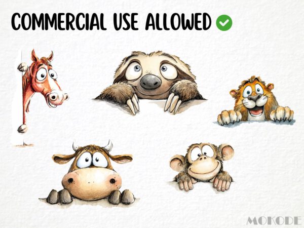Funny Peeking Animals Clipart Bundle 42 Png, Watercolor Dog, Cat Portrait, Quirky Cartoon Pet Face Illustration, Commercial Use, Digital art - Image 3