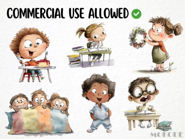 Funny Kids Clipart 75 Png, Watercolor School Boy and Girl Playing Illustration, Quirky Baby Gift Art, Digital Prints, Instant Download - Image 6