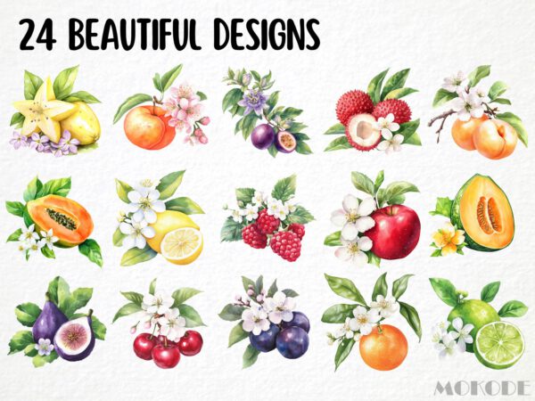 Watercolor Fruit Blossoms Clipart 24 Png, Apple Illustration, Fruit Flower Collection, Summer Berry Instant Digital Download, Card Making - Image 4