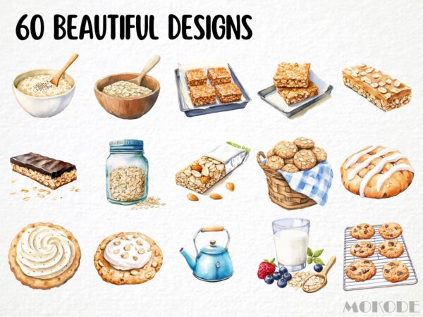 Watercolor Oatmeal Breakfast Clipart 60  Png, Morning Food, Oatmeal Cookie Clipart, Oatmeal bar, Healthy Food Digital Prints, Commercial Use - Image 4