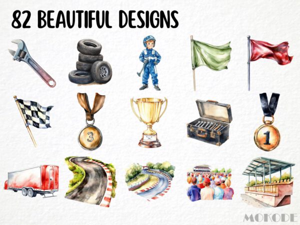 Racing Kids Watercolor Clipart 82 Png Race Car Graphics, Race Track Cool Cars, Trophy, Boys Birthday Nursery Crafting Commercial Use Digital - Image 4