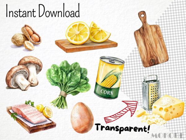 Watercolor Cooking Ingredients Clipart 72 Png, Baking Graphics, Kitchen Utensils, Vegetable Food Art, Pasta, Digital Prints, Commercial Use - Image 4