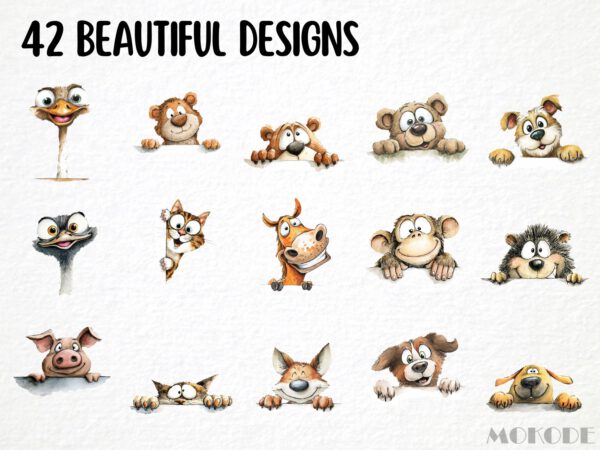 Funny Peeking Animals Clipart Bundle 42 Png, Watercolor Dog, Cat Portrait, Quirky Cartoon Pet Face Illustration, Commercial Use, Digital art - Image 4