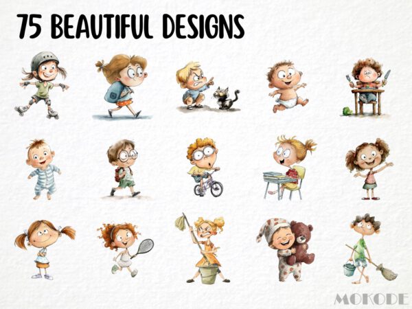 Funny Kids Clipart 75 Png, Watercolor School Boy and Girl Playing Illustration, Quirky Baby Gift Art, Digital Prints, Instant Download - Image 3