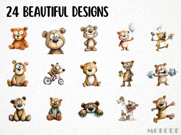 Funny Teddy Clipart 24 Png, Cute Caricature Woodland Animals Art, Quirky Brown Bear Watercolor, Cartoon Teddy Digital Prints, Sublimation - Image 4