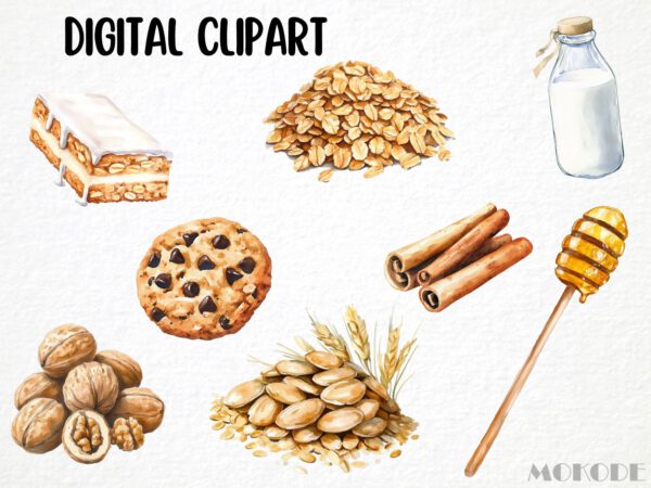 Watercolor Oatmeal Breakfast Clipart 60  Png, Morning Food, Oatmeal Cookie Clipart, Oatmeal bar, Healthy Food Digital Prints, Commercial Use - Image 6