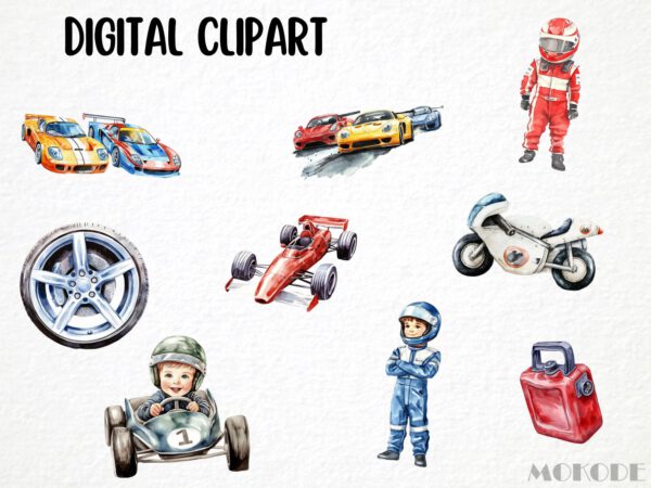 Racing Kids Watercolor Clipart 82 Png Race Car Graphics, Race Track Cool Cars, Trophy, Boys Birthday Nursery Crafting Commercial Use Digital - Image 6