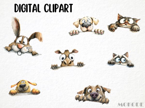 Funny Peeking Animals Clipart Bundle 42 Png, Watercolor Dog, Cat Portrait, Quirky Cartoon Pet Face Illustration, Commercial Use, Digital art - Image 5