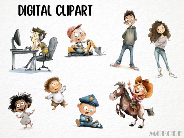 Funny Kids Clipart 75 Png, Watercolor School Boy and Girl Playing Illustration, Quirky Baby Gift Art, Digital Prints, Instant Download - Image 4
