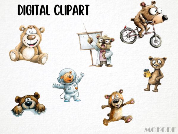 Funny Teddy Clipart 24 Png, Cute Caricature Woodland Animals Art, Quirky Brown Bear Watercolor, Cartoon Teddy Digital Prints, Sublimation - Image 5