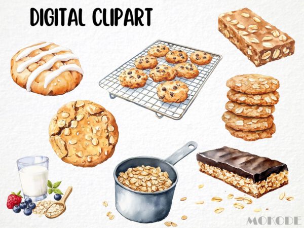 Watercolor Oatmeal Breakfast Clipart 60  Png, Morning Food, Oatmeal Cookie Clipart, Oatmeal bar, Healthy Food Digital Prints, Commercial Use - Image 5