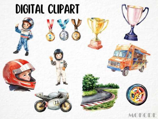 Racing Kids Watercolor Clipart 82 Png Race Car Graphics, Race Track Cool Cars, Trophy, Boys Birthday Nursery Crafting Commercial Use Digital - Image 5
