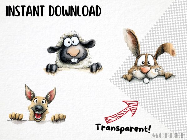 Funny Peeking Animals Clipart Bundle 42 Png, Watercolor Dog, Cat Portrait, Quirky Cartoon Pet Face Illustration, Commercial Use, Digital art - Image 6