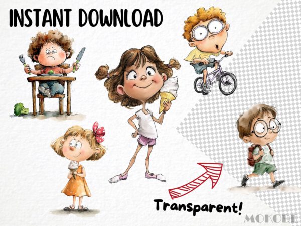 Funny Kids Clipart 75 Png, Watercolor School Boy and Girl Playing Illustration, Quirky Baby Gift Art, Digital Prints, Instant Download - Image 7