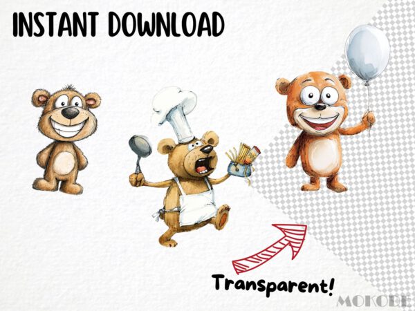 Funny Teddy Clipart 24 Png, Cute Caricature Woodland Animals Art, Quirky Brown Bear Watercolor, Cartoon Teddy Digital Prints, Sublimation - Image 6