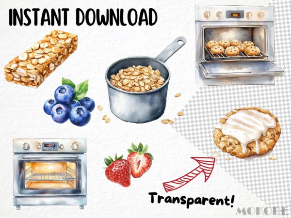 Watercolor Oatmeal Breakfast Clipart 60  Png, Morning Food, Oatmeal Cookie Clipart, Oatmeal bar, Healthy Food Digital Prints, Commercial Use - Image 7