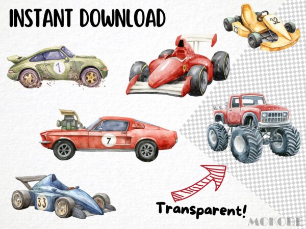Racing Kids Watercolor Clipart 82 Png Race Car Graphics, Race Track Cool Cars, Trophy, Boys Birthday Nursery Crafting Commercial Use Digital - Image 7