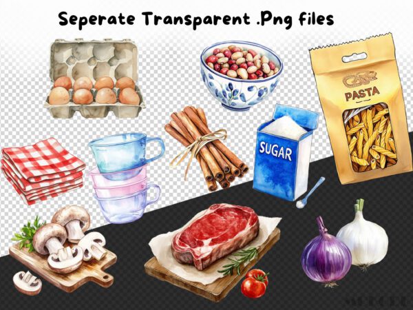 Watercolor Cooking Ingredients Clipart 72 Png, Baking Graphics, Kitchen Utensils, Vegetable Food Art, Pasta, Digital Prints, Commercial Use - Image 7