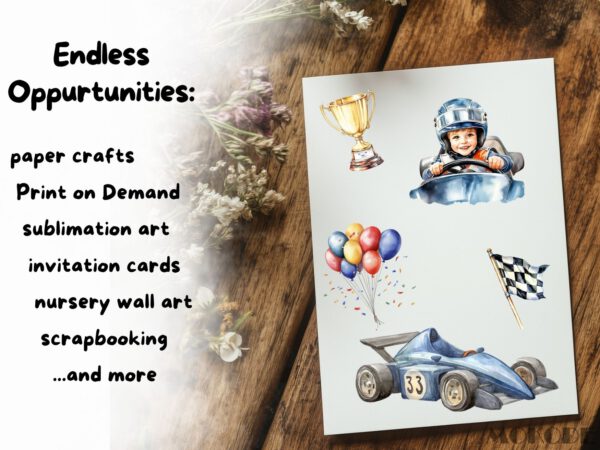 Racing Kids Watercolor Clipart 82 Png Race Car Graphics, Race Track Cool Cars, Trophy, Boys Birthday Nursery Crafting Commercial Use Digital - Image 8