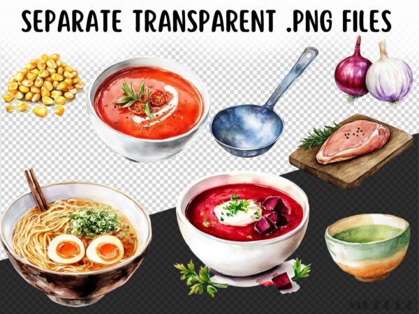 Watercolor Good Soup Clipart 54 Png, Kitchen Graphics, Tomato Vegetable Food Art, Ramen, Chicken Noodle Soup Digital Prints, Commercial Use - Image 9