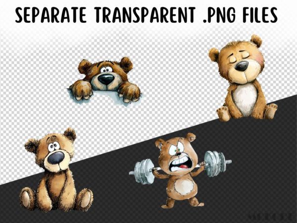 Funny Teddy Clipart 24 Png, Cute Caricature Woodland Animals Art, Quirky Brown Bear Watercolor, Cartoon Teddy Digital Prints, Sublimation - Image 9
