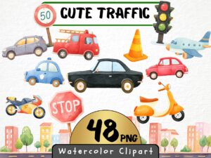 Cute Traffic Clipart 48 Png, Watercolor Cars City Illustration, Kindergarden Nursery Vehicles, Street Sign, Fire Truck Commercial Use