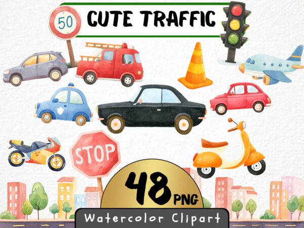 Cute Traffic Clipart 48 Png, Watercolor Cars City Illustration, Kindergarden Nursery Vehicles, Street Sign, Fire Truck Commercial Use