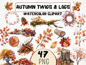 Watercolor Autumn Twigs & Logs Clipart 47 Png, Fall Season Tree Forest Crafting, Acorn Nut Art, Maple Leaf, Fall Foliage Png Autumn Branch