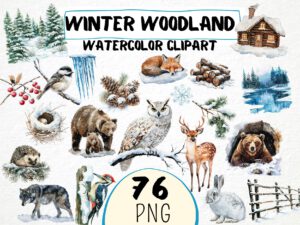 Watercolor Winter Woodland Clipart 76 Png, Snowy Forest Animals, Winter Fox, Owl, Deer, Frosty Pine Tree Cone, Commercial Use, Download